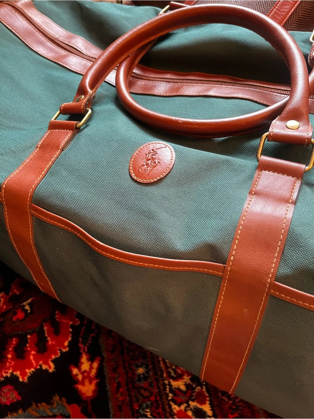 Ralph Lauren Forest Green Duffel with Brown Leather Trim